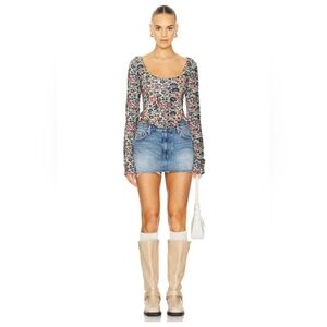 Free People Fitted Red & Blue Long Sleeve Floral Crop Top With Ruffled Hem